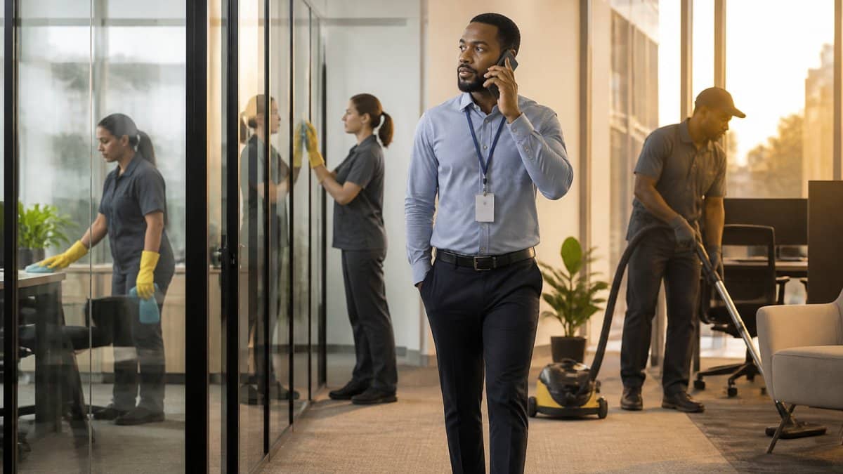 Une équipe de nettoyage professionnelle en action dans un bureau moderne et lumineux, agents en uniforme utilisant du matériel professionnel, gestionnaire observant discrètement depuis un bureau vitré